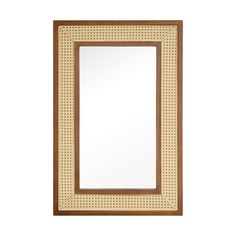 a wooden frame mirror with dots on it's sides and a brown border around the edge