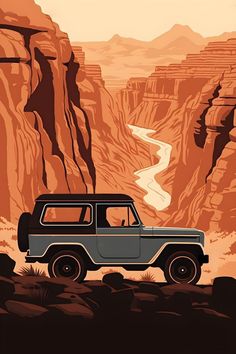 a jeep is parked in front of a canyon with a river running through the mountains