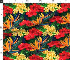 a colorful flower pattern on a blue background with measurements for the width of the fabric