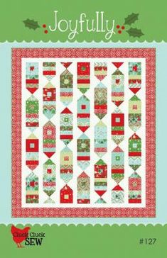 the joyfully quilt pattern is shown in red, green and white with holly decorations