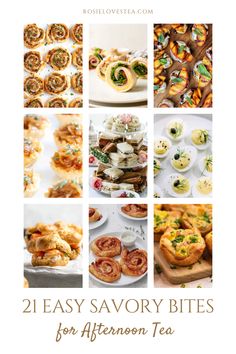 the cover of two easy savory bites for afternoon tea, with images of pastries and desserts