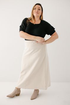 With the look of real denim but the feel of a quality knit, comfort is the key element in our exclusively designed Caroline skirt. The quick, pull-on style makes this skirt an effortless option for wherever your day might take you - running errands, making dinner, playing with the kids, or a quick trip to the coffee shop to grab your favorite latte. Exclusively designed by us with you in mind! Soft, comfortable knit denim fabric Light Khaki 65% Cotton 30% Polyester 5% Spandex All Other Colors 70 Making Dinner, Denim Skirt Outfits, Dark Blue Grey, Knit Denim, Fabric Light, Long Knit, Layered Tops, Henley Top, Flutter Sleeve Top