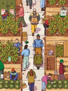 an illustrated image of people working in a garden center with lots of fruit and vegetables