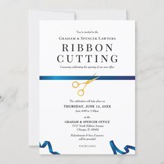 a white card with blue ribbon and scissors on it that says ribbon cutting in the center