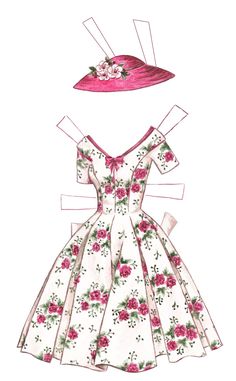 a drawing of a dress and hat with flowers on it