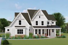 this is an artist's rendering of the front elevation of these farmhouse house plans