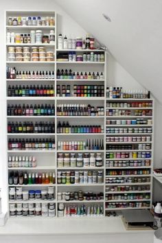 the shelves are filled with all kinds of paint