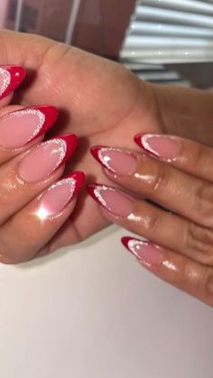 Nails Coffin Shape Ideas, Red Glitter French Tip Nails Almond, Red Nail Designs Classy Almond, Red Nailsdesign, Summer Birthday Nails Almond, Red And Gold Almond Nails, Holiday Nails Inspiration, Red Almond French Nails, Red Sparkle French Tip Nails