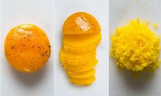 three different stages of peeling an orange with black seeds and yellow flowers in the background