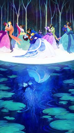 disney's princess and the frog are dancing on an ice floet in front of