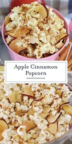 an apple cinnamon popcorn in a pink bowl