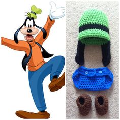 crocheted hats and slippers are shown next to an image of mickey mouse