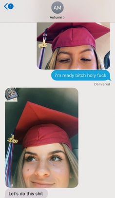 two girls in graduation caps and gowns texting on their cell phones with the same caption