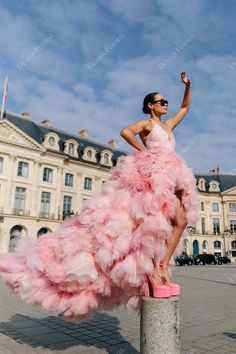 Glamorous and gorgeous pink custom-made prom dress. Accented with delicate lace appliques, the sleeveless bodice boasts illusion halter plunging V neckline. The luxury ruffled tulle high-low skirt finishes off the look. Tulle Tiered Dress, High Low Dress Formal, Princess Ballgown, Custom Made Prom Dress, Fancy Frocks, Pink Prom Dress, Pink Prom, Prom Formal, Pink Tulle