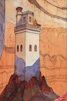 a painting of a lighthouse on top of a mountain