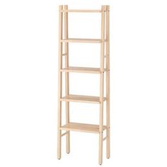 a tall wooden shelf with three shelves on each side and one section missing from the top