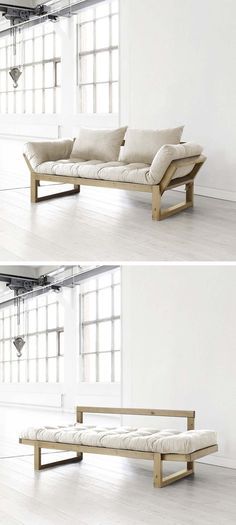 two pictures of a couch with pillows on it and the same one in different positions