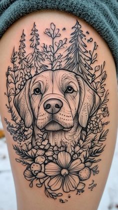 Discover the beauty and loyalty of Labrador Retrievers with these charming tattoo ideas. Whether you're looking for a small and simple design or a more intricate piece, we've got you covered! Labrador tattoos are perfect for dog lovers who want to carry their furry friend with them everywhere they go. Embrace your love for these wonderful companions and show off your unique style with a Labrador Retriever tattoo. Perfect for women who want to celebrate the bond they share with their beloved four Dog And Rose Tattoo, Dog Face Tattoo With Flowers, Forearm Dog Tattoo, Fine Line Labrador Tattoo, Dog Groomer Tattoo Ideas, Black Lab Tattoos Simple, Animal Tattoos With Flowers, Dog Lover Tattoo For Women, Hunting Dog Tattoo