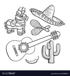 the mexican symbols are drawn by hand in black and white, including an acoustic guitar