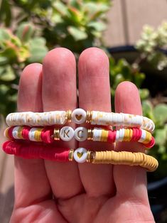 "Set of (3) 7\" stretch bracelets.  If you send me a message I'm happy to adjust size of bracelets before I ship!" Chiefs Beaded Bracelet, Kc Chiefs Beaded Bracelet, Chiefs Clay Bead Bracelet, Kc Chiefs Bracelet, Kansas City Chiefs Bracelets, Chiefs Friendship Bracelet, Chiefs Bracelet Ideas, Chiefs Bracelet, Kansas City Chiefs Jewelry