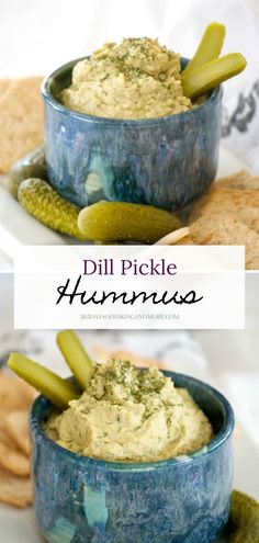 dill pickle hummus in a blue bowl with crackers