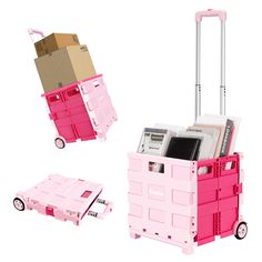 a pink cart filled with lots of boxes and other items next to a cardboard box