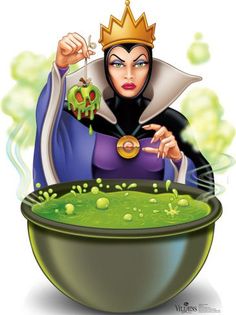 the evil queen is cooking some food in her caulder