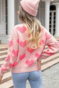 Adorned with a charming heart jacquard pattern all over, this sweater adds texture and visual interest to your look! Fabric Contents: 30%Polyester, 42%Acrylic, 28%Nylon Baggy Sweaters, Pull Rose, Knitted Heart, Pink Knit Sweater, Sweatshirts For Women, Heart Sweater, Pink Valentines, Drop Shoulder Sweaters, Round Neck Sweaters