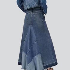 Patchwork Long Skirt For Fall, Fall Long Skirt With Patchwork, Denim Patchwork Skirt For Fall, High-waist Denim Blue Patchwork Skirt, Fall Denim Patchwork Skirt, Denim Patchwork Long Skirt, Trendy Denim Patchwork Skirt, High Waist Medium Wash Patchwork Skirt, High Waist Medium Wash Skirt With Patchwork