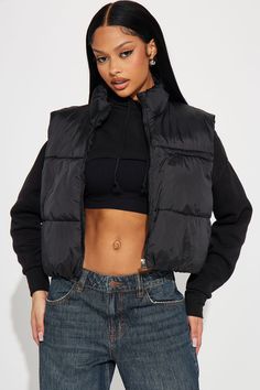 Available In Black, Pink, Purple, And Blue. Cropped Puffer Vest Collar Zip Front Cold Weather Shell: 100% Polyester Lining: 100% Polyester Filling: 100% Polyester Imported | Icy Girl Puffer Vest in Black size Small by Fashion Nova Cropped Puffer Vest, Girls Puffer Vest, Icy Girl, Puffer Vest, Crop Jacket, Jacket Style, Cold Weather, Black Fashion, Fashion Nova