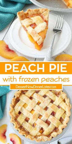 peach pie with frozen peaches in the middle and two slices on plates next to it