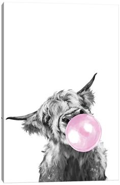 a black and white drawing of a dog with a pink bubble in its mouth