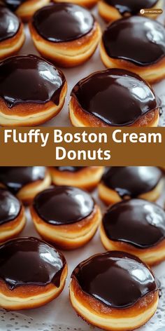 chocolate covered doughnuts on a plate with the words fluffy boston cream donuts