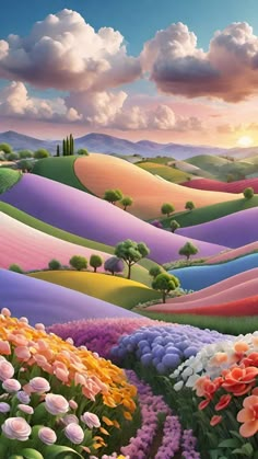 a painting of colorful flowers and hills in the background, with clouds above them on a sunny day