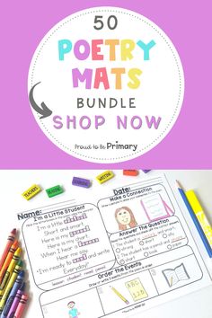 the 50 poetry mats bundle is shown with pencils and crayons on it