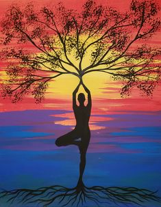 a painting of a person doing yoga under a tree with the sun setting in the background