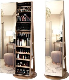 two mirrors that are next to each other in front of a shelf filled with bottles