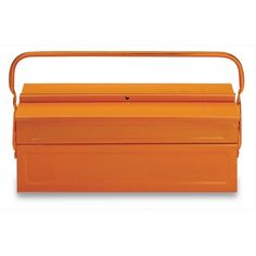 an orange plastic box with handle on the top and bottom, sitting in front of a white background