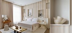 two pictures of a hotel room, one in white and the other in neutral tones