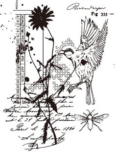 a drawing of a bird flying over a plant with flowers on it's side