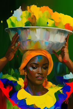 a painting of a woman holding a bowl on her head