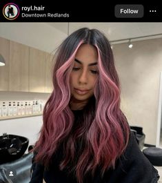 Dark Hair Peekaboo Highlights, Pink Ends Hair, Soft Pink Highlights, Underdye Hair, Brown And Pink Hair, Pink Hair Highlights, Dimensional Highlights, Two Color Hair, Hair Flowing