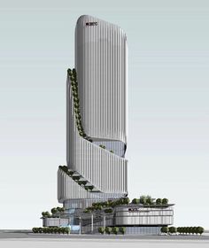 an architectural rendering of a tall building with trees growing on it