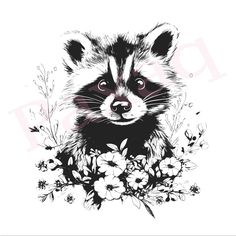 a drawing of a raccoon surrounded by flowers