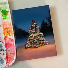 Christmas Tree, Snow, Night time Christmas Tree Ideas Painting, Small Canvas Christmas Paintings, Christmas Painting Aesthetic, New Years Painting Ideas, Christmas Aesthetic Painting, New Years Painting, Christmas Tree Painting Ideas, Winter Painting Ideas Easy, Simple Christmas Paintings