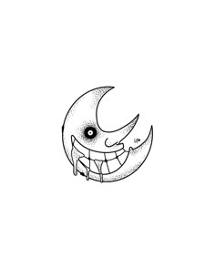 a black and white drawing of a smiling moon