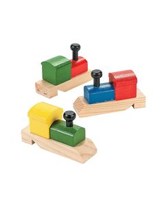 two wooden toy trains with black knobs on each one and red, green, blue, yellow