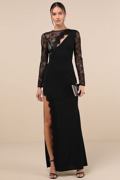 Flawlessly Confident Black Lace Asymmetrical Cutout Maxi Dress Asymmetrical Maxi Dress, Black And Blue Dress, Black Floral Maxi Dress, Fall Wedding Guest Dress, Long Sleeve Prom, Nude Dress, Cutout Maxi Dress, Fall Wedding Dresses, Prom Dresses With Sleeves