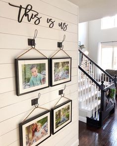 three pictures hanging on the wall next to a stair case with two photos attached to it