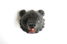 a black bear head mounted to the side of a wall